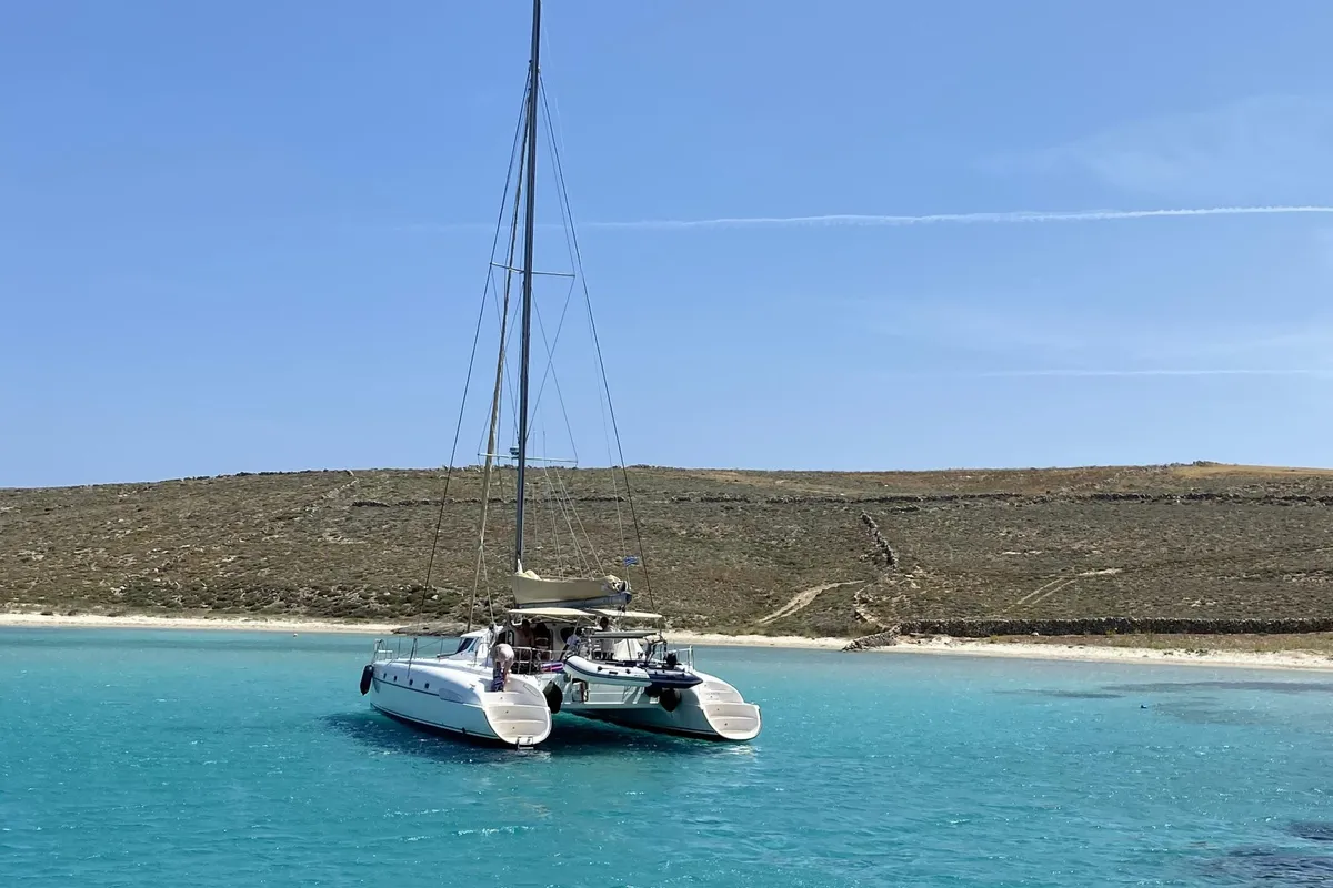 Exterior view of Vetrogon, a Fountaine Pajot Bahia 46 catamaran at Mykonos, Greece