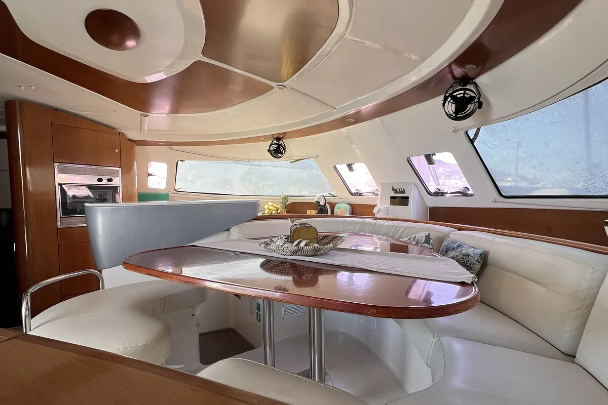 Salon of Vetrogon, a Fountaine Pajot Bahia 46 catamaran at Mykonos, Greece