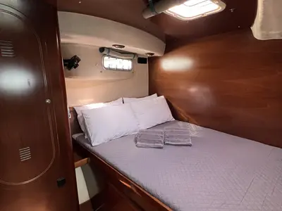 Cabin on Vetrogon, a Fountaine Pajot Bahia 46 catamaran at Mykonos, Greece