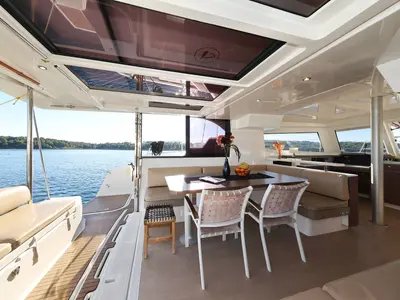 Salon of Viola, a Bali Catspace catamaran at Šibenik, Croatia