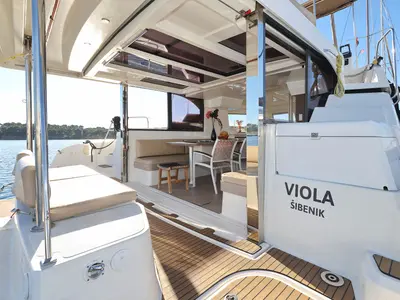 Galley of Viola, a Bali Catspace catamaran at Grad Šibenik, Croatia