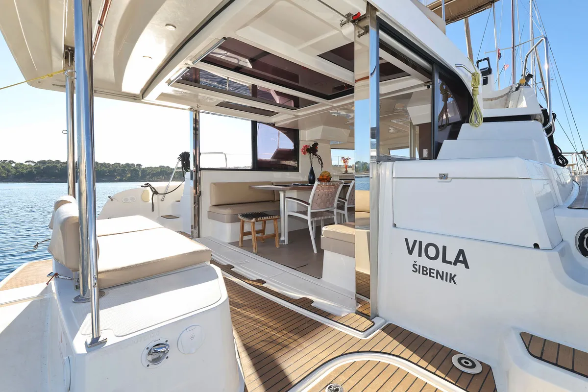 Galley of Viola, a Bali Catspace catamaran at Grad Šibenik, Croatia