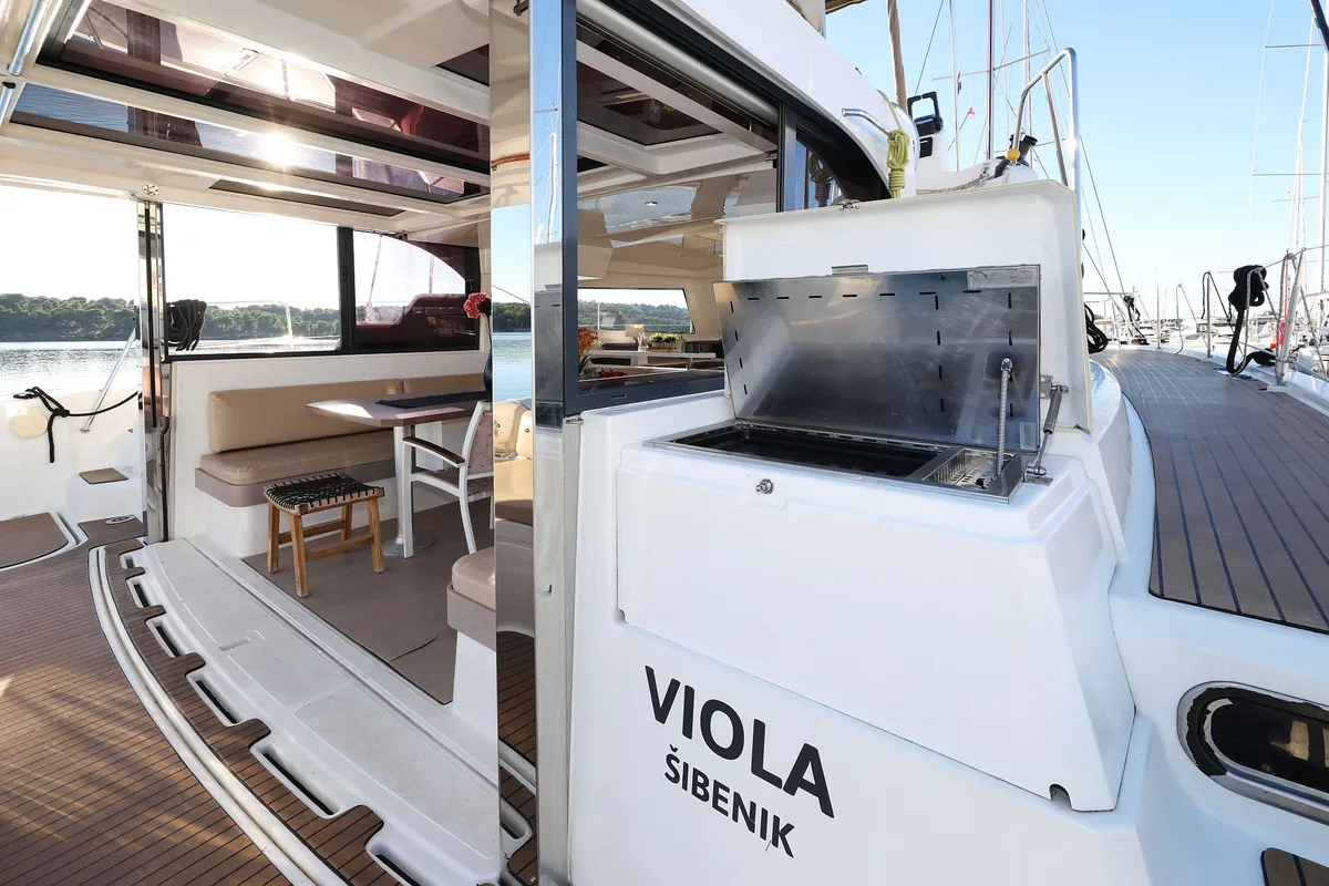 Viola, a Bali Catspace catamaran at Grad Šibenik, Croatia