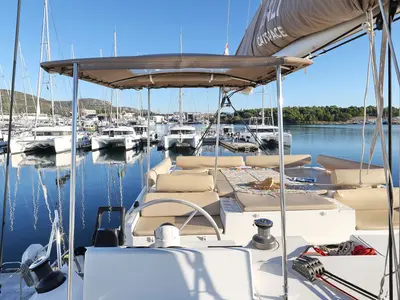Cockpit of Viola, a Bali Catspace catamaran at Šibenik, Croatia