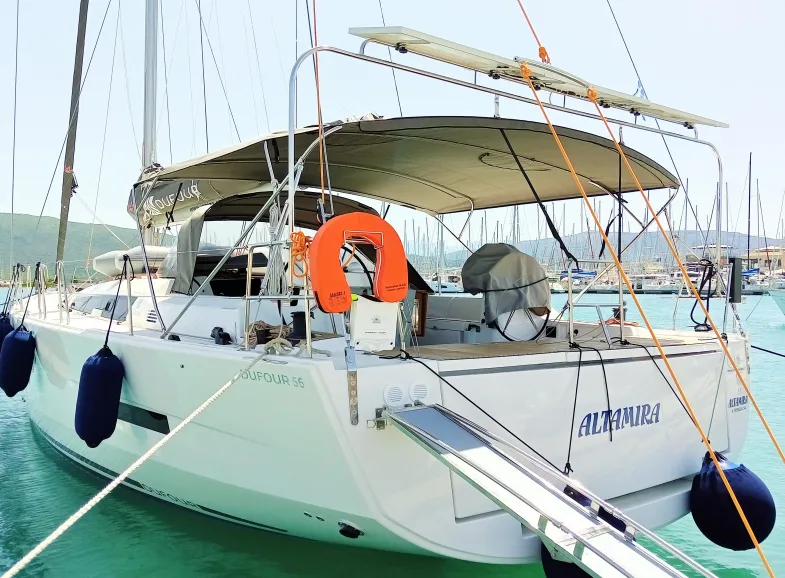 Exterior view of Altamira, a Dufour 560 GL sailboat at Municipal Unit of Lefkada, Greece