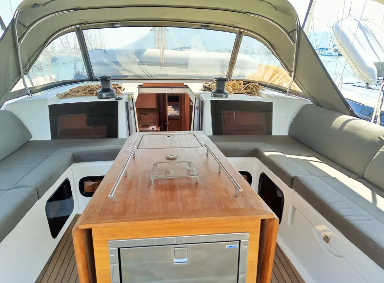 Deck of Altamira, a Dufour 560 GL sailboat at Municipal Unit of Lefkada, Greece