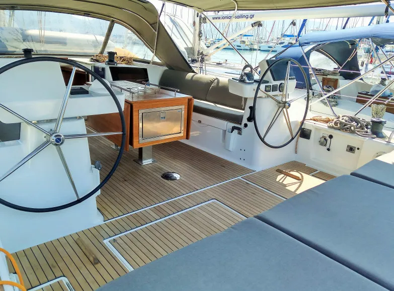 Cockpit of Altamira, a Dufour 560 GL sailboat at Municipal Unit of Lefkada, Greece