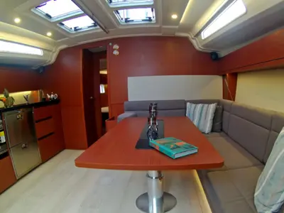Salon of Aktea, a Hanse 508 sailboat at Lavrion, Greece