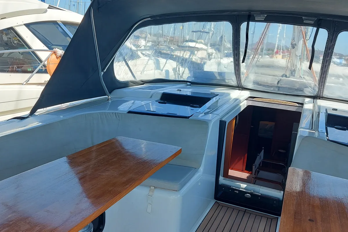 Deck of Aktea, a Hanse 508 sailboat at Lavrion, Greece