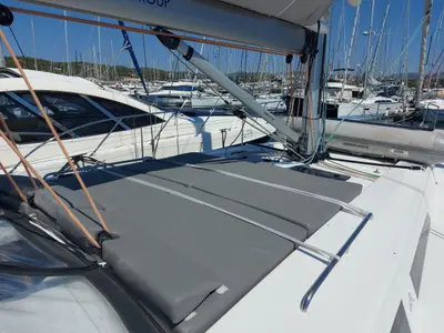 Deck of Aktea, a Hanse 508 sailboat at Lavrion, Greece