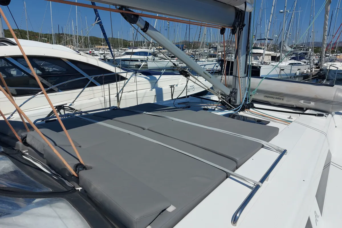 Deck of Aktea, a Hanse 508 sailboat at Lavrion, Greece