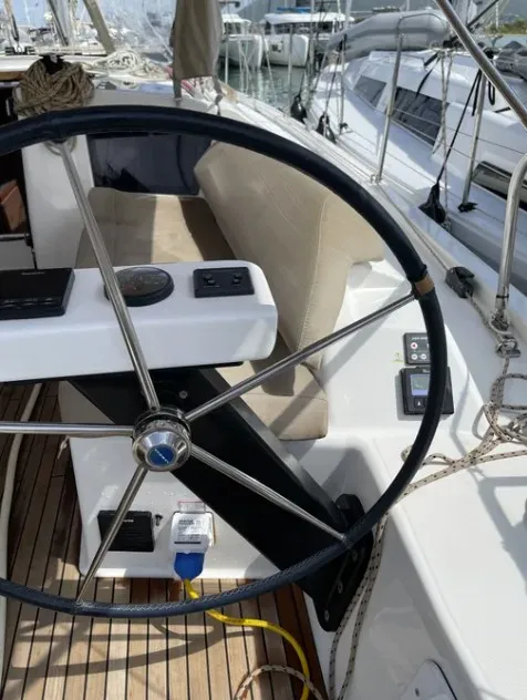 Cockpit of Maestro, a Dufour 390 GL sailboat at Municipal Unit of Apollonioi, Greece