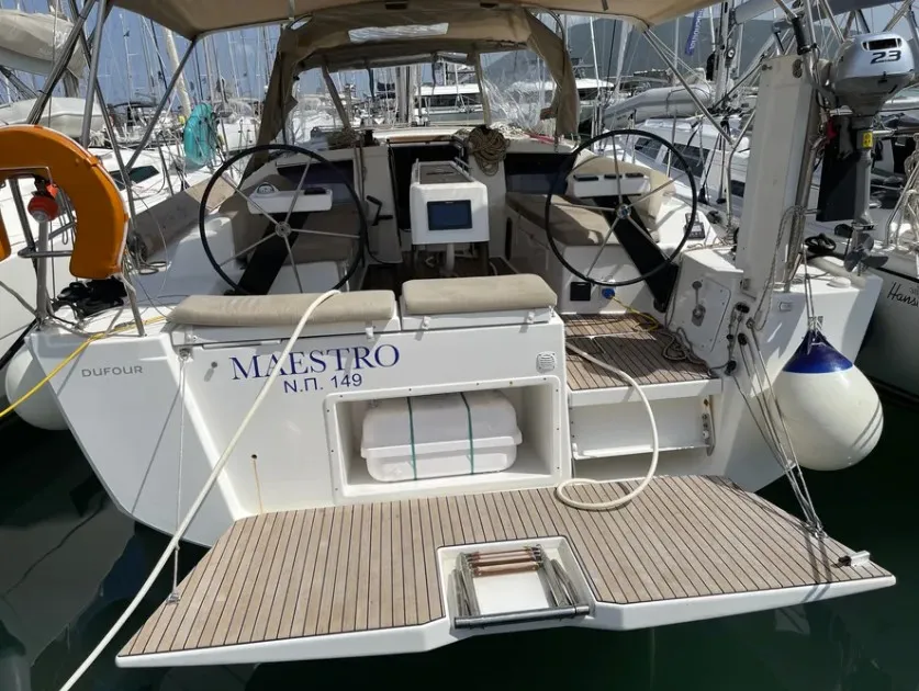 Exterior view of Maestro, a Dufour 390 GL sailboat at Municipal Unit of Apollonioi, Greece