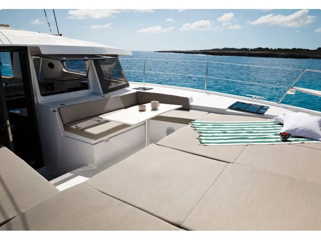 Deck of Emilia, a Bali 4.2 catamaran at Municipal Unit of Lefkada, Greece