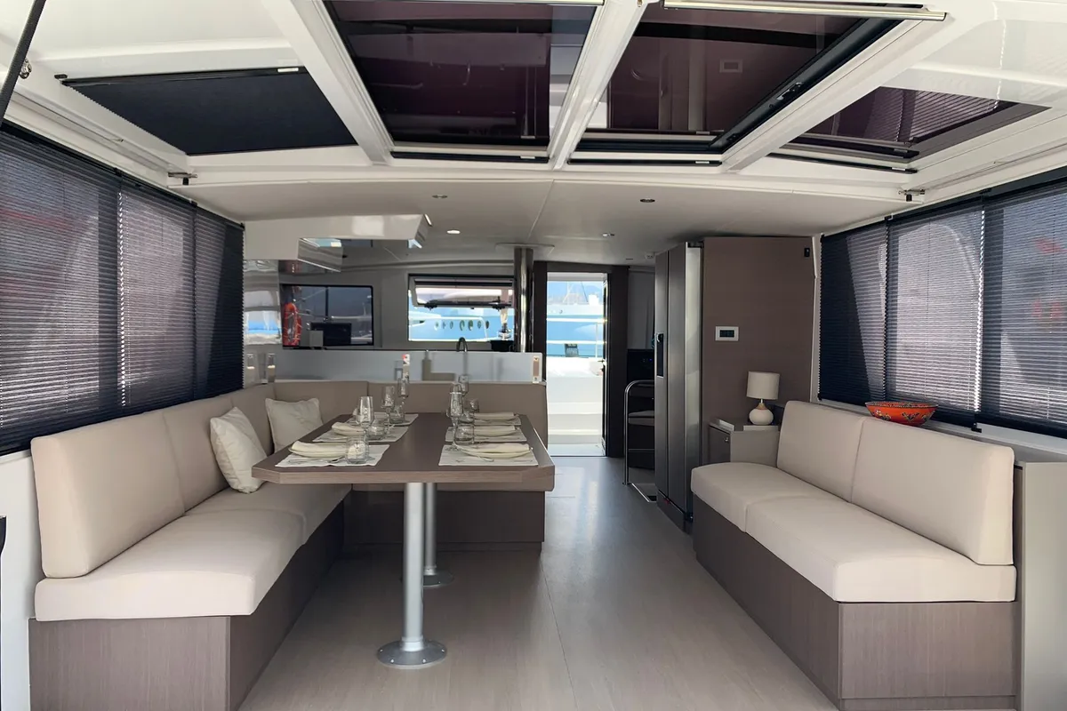 Salon of Ani Yasa, a Bali 4.6 catamaran at Fethiye, Turkey