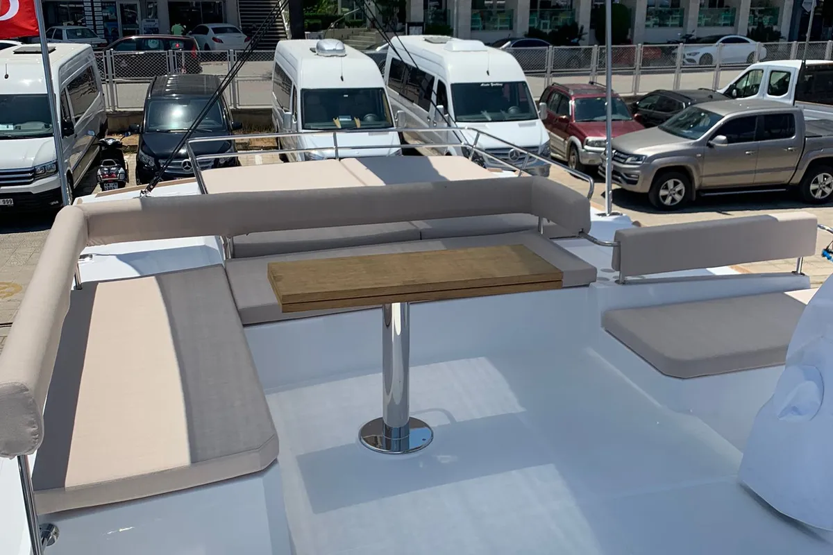 Deck of Ani Yasa, a Bali 4.6 catamaran at Fethiye, Turkey