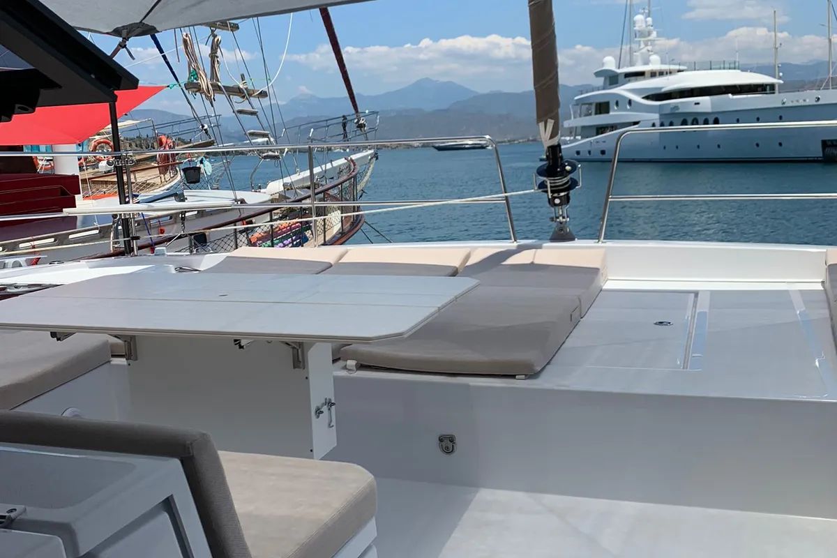 Deck of Ani Yasa, a Bali 4.6 catamaran at Fethiye, Turkey