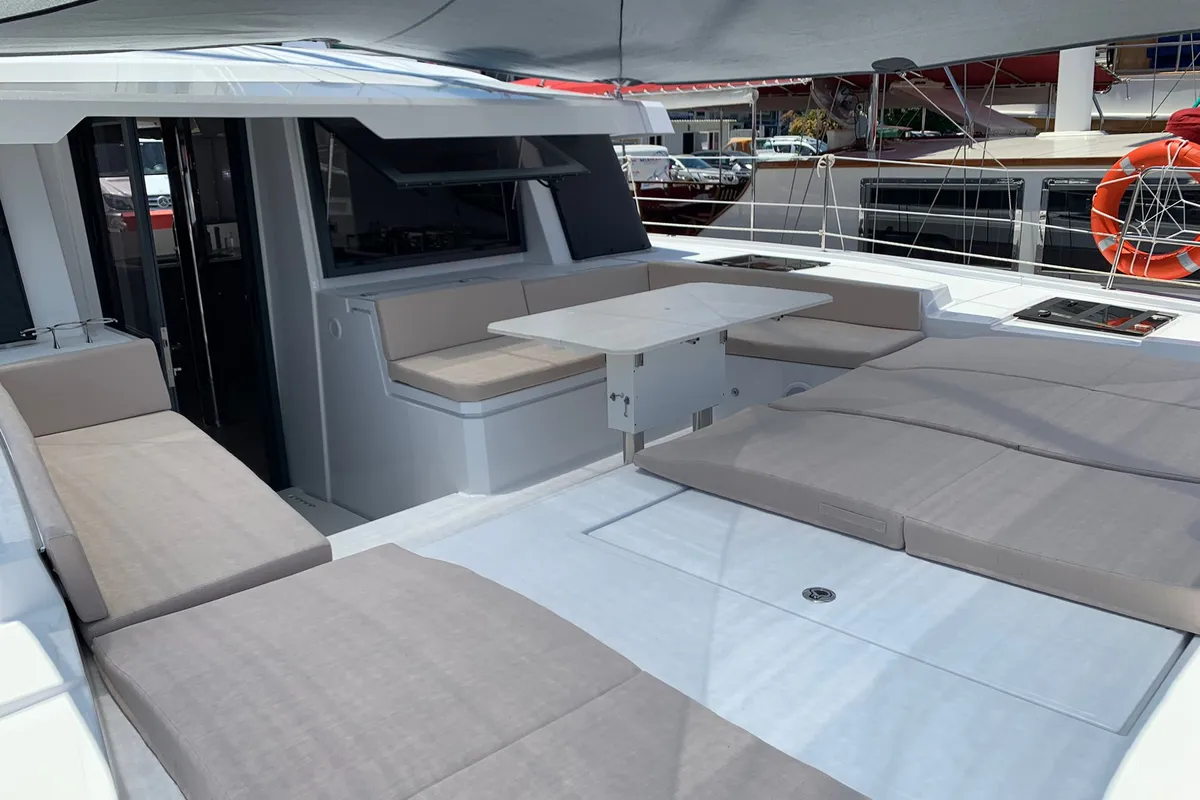 Deck of Ani Yasa, a Bali 4.6 catamaran at Fethiye, Turkey