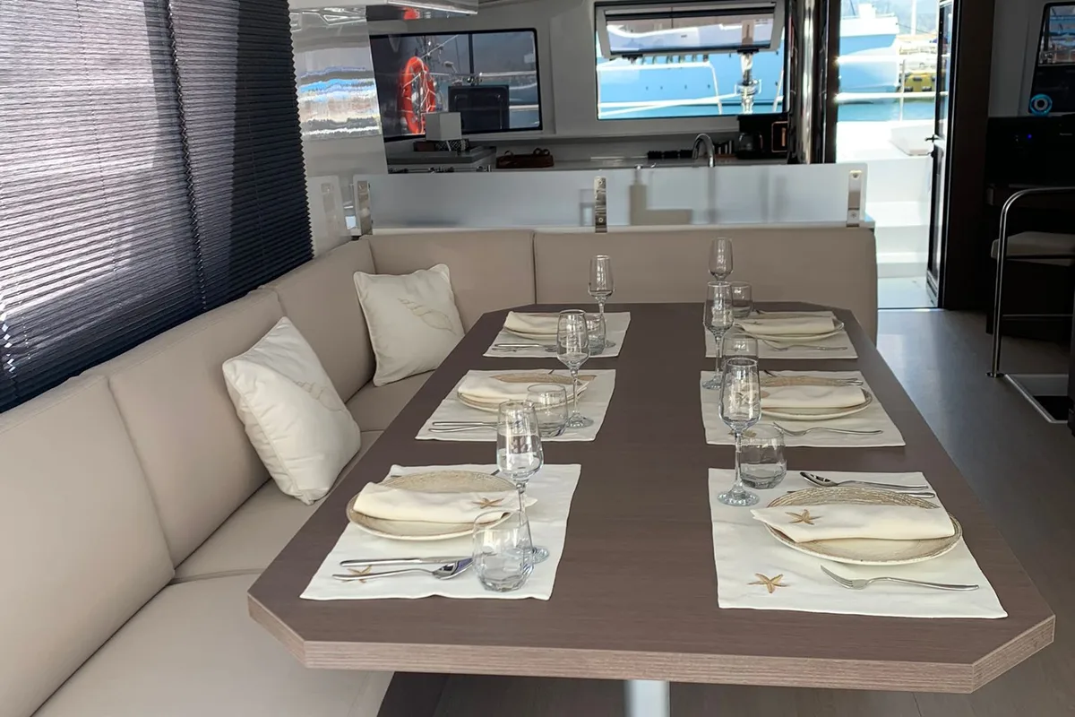 Salon of Ani Yasa, a Bali 4.6 catamaran at Fethiye, Turkey