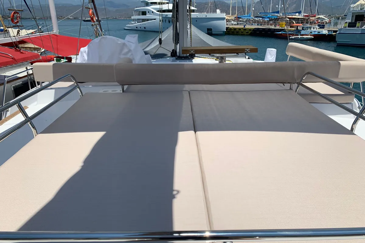 Deck of Ani Yasa, a Bali 4.6 catamaran at Fethiye, Turkey