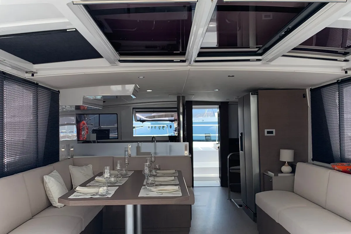 Salon of Ani Yasa, a Bali 4.6 catamaran at Fethiye, Turkey
