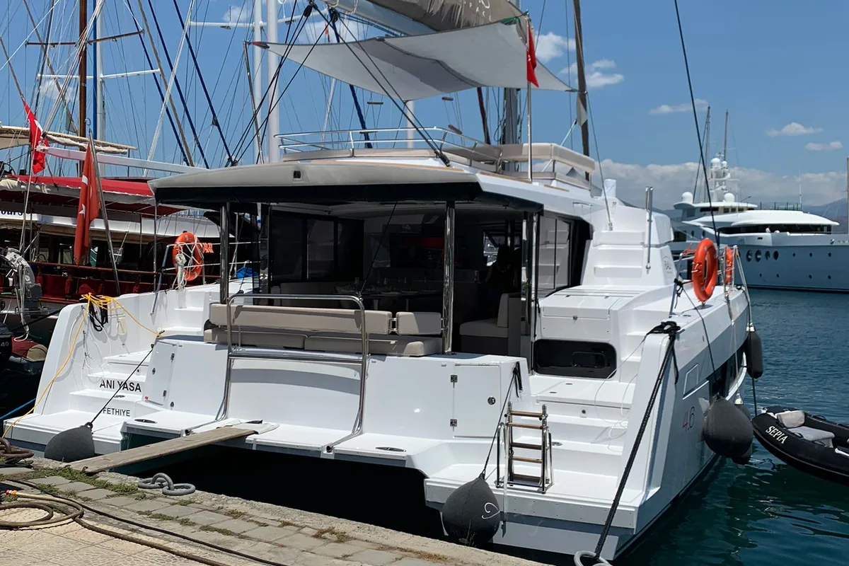 Exterior view of Ani Yasa, a Bali 4.6 catamaran at Fethiye, Turkey