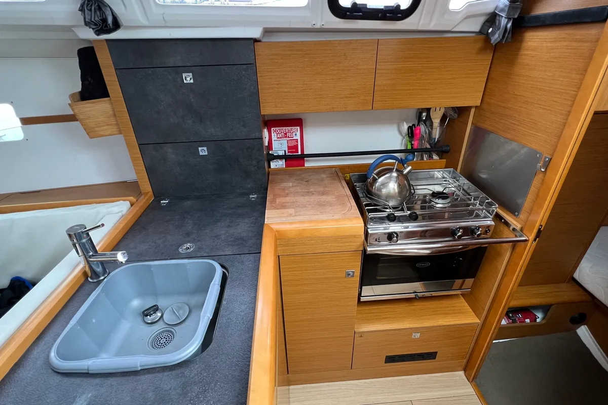 Galley of Kashmir, a Jeanneau Sun Odyssey 349 sailboat at Kerners, France