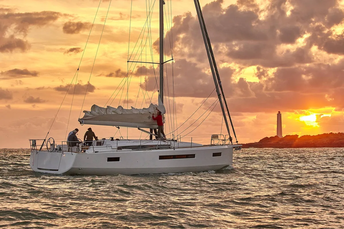 Exterior view of Alboran Vino Blanco, a Jeanneau Sun Odyssey 490 sailboat at es Jonquet, Spain