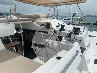 Cockpit of Shavasan, a Fountaine Pajot Elba 45 catamaran at Mai Khao, Thailand