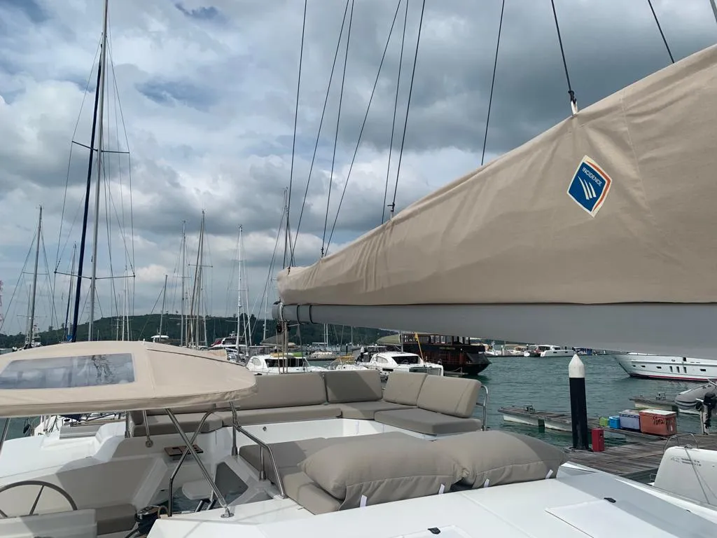 Deck of Shavasan, a Fountaine Pajot Elba 45 catamaran at Mai Khao, Thailand