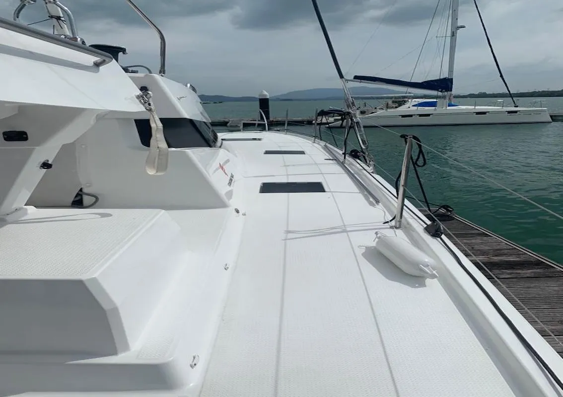 Deck of Shavasan, a Fountaine Pajot Elba 45 catamaran at Mai Khao, Thailand