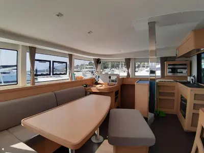 Salon of Shavasan, a Fountaine Pajot Elba 45 catamaran at Mai Khao, Thailand