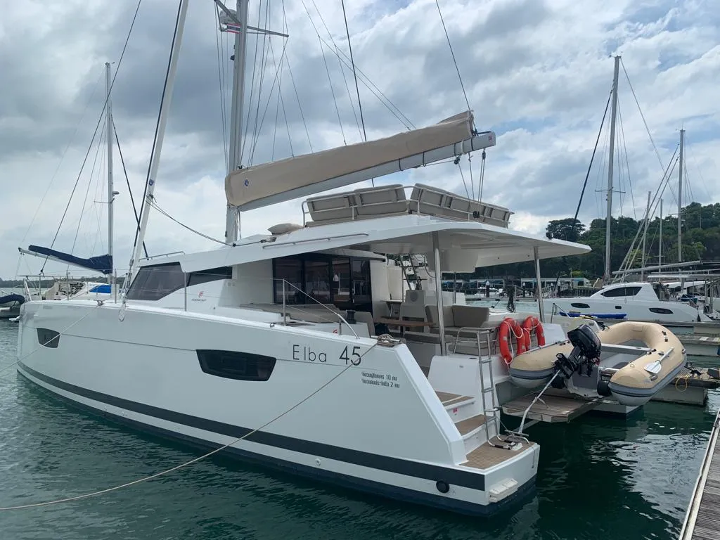 Exterior view of Shavasan, a Fountaine Pajot Elba 45 catamaran at Mai Khao, Thailand