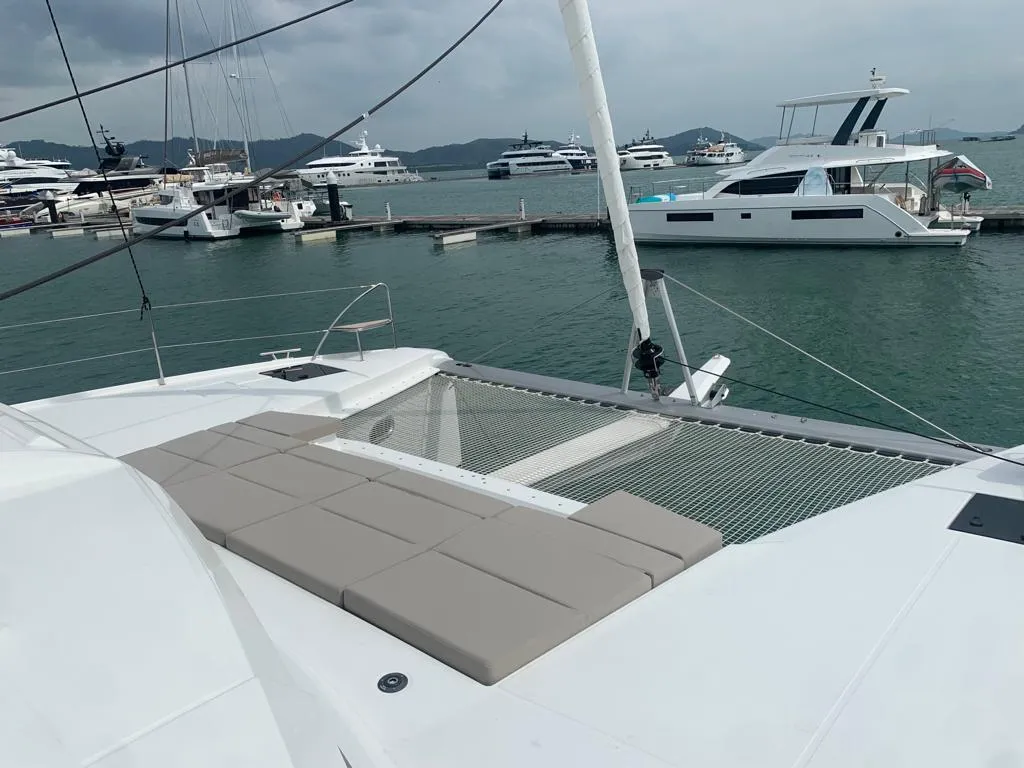 Deck of Shavasan, a Fountaine Pajot Elba 45 catamaran at Mai Khao, Thailand