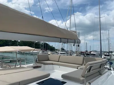Deck of Shavasan, a Fountaine Pajot Elba 45 catamaran at Mai Khao, Thailand