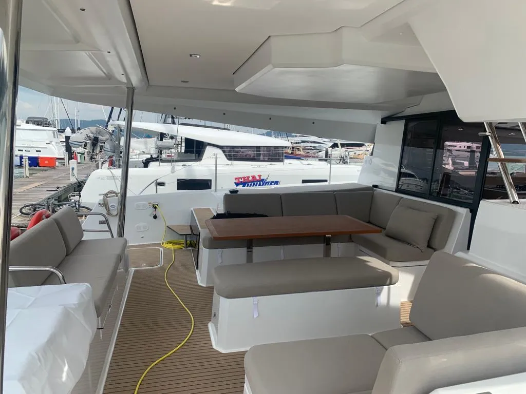 Deck of Shavasan, a Fountaine Pajot Elba 45 catamaran at Mai Khao, Thailand