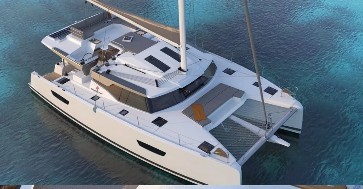 Exterior view of Shavasan, a Fountaine Pajot Elba 45 catamaran at Mai Khao, Thailand