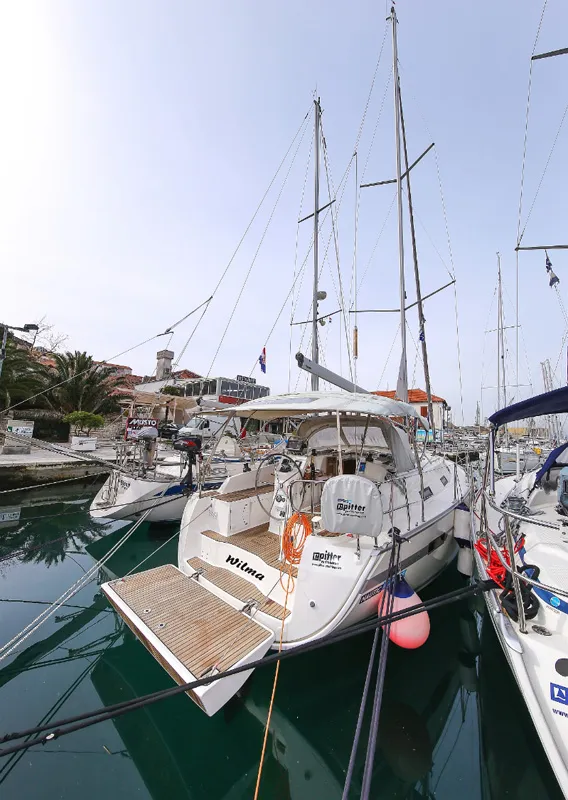 Exterior view of Wilma, a Bavaria Cruiser 36 sailboat at Grad Pula, Croatia