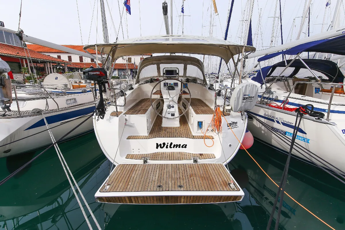 Exterior view of Wilma, a Bavaria Cruiser 36 sailboat at Grad Pula, Croatia