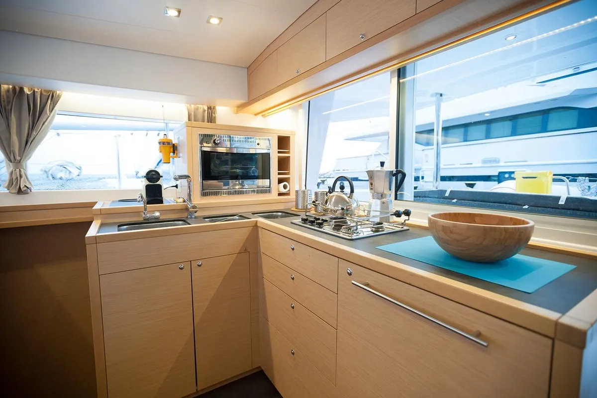 Galley of Lady Dom, a Lagoon 400 S2 catamaran at Sithonia Municipal Unit, Greece