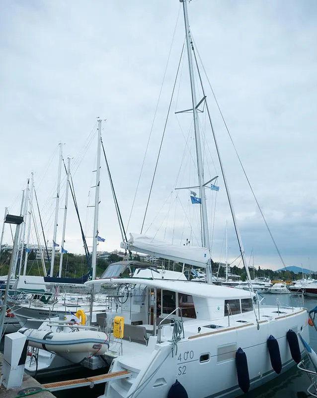 Exterior view of Lady Dom, a Lagoon 400 S2 catamaran at Sithonia Municipal Unit, Greece