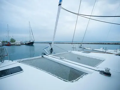 Deck of Lady Dom, a Lagoon 400 S2 catamaran at Sithonia Municipal Unit, Greece