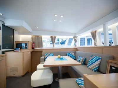 Salon of Lady Dom, a Lagoon 400 S2 catamaran at Sithonia Municipal Unit, Greece
