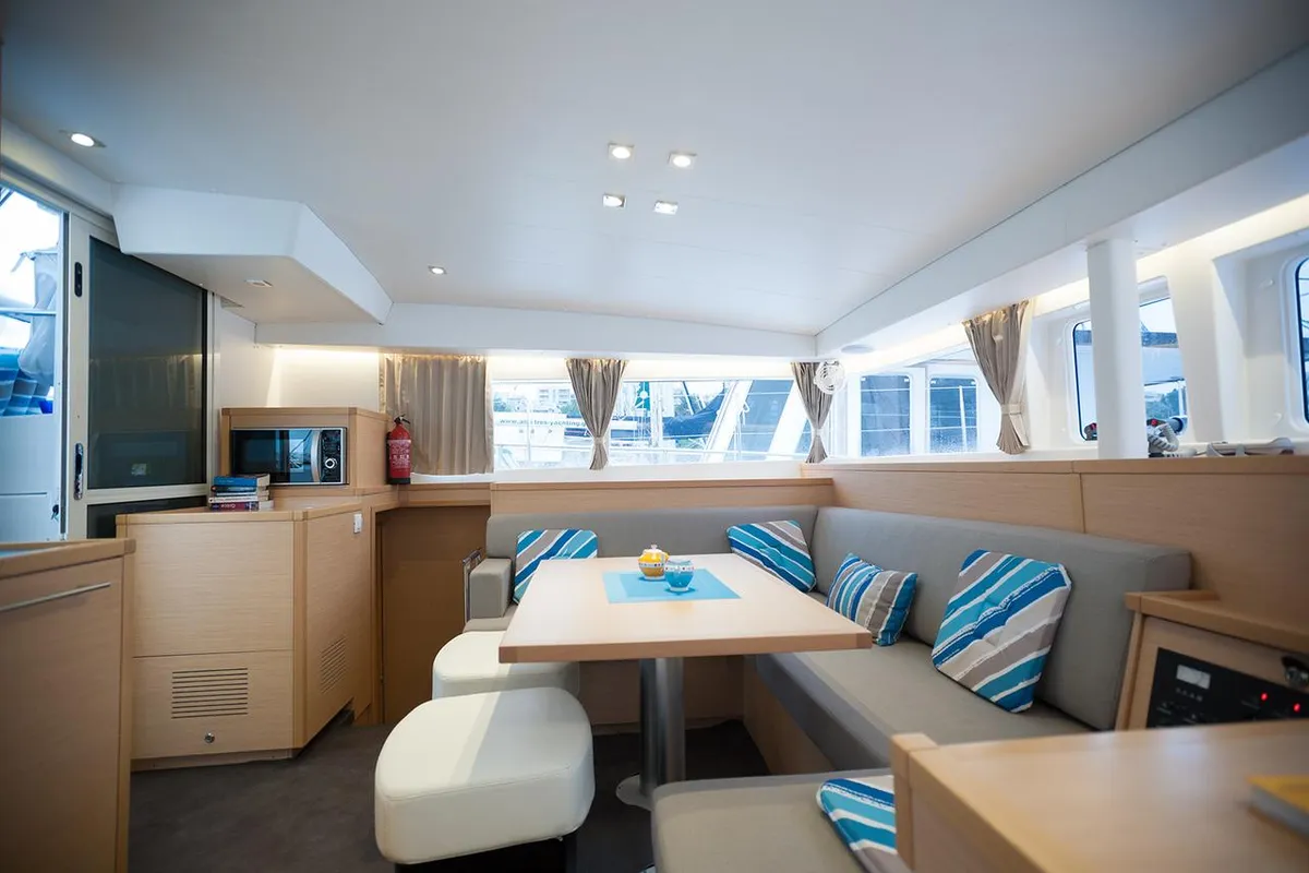 Salon of Lady Dom, a Lagoon 400 S2 catamaran at Sithonia Municipal Unit, Greece