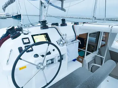 Cockpit of Lady Dom, a Lagoon 400 S2 catamaran at Sithonia Municipal Unit, Greece
