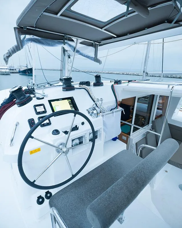 Cockpit of Lady Dom, a Lagoon 400 S2 catamaran at Sithonia Municipal Unit, Greece
