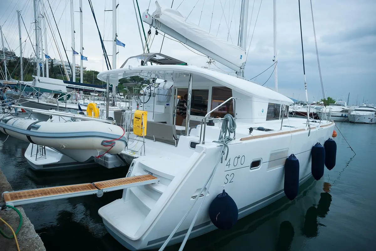 Exterior view of Lady Dom, a Lagoon 400 S2 catamaran at Sithonia Municipal Unit, Greece
