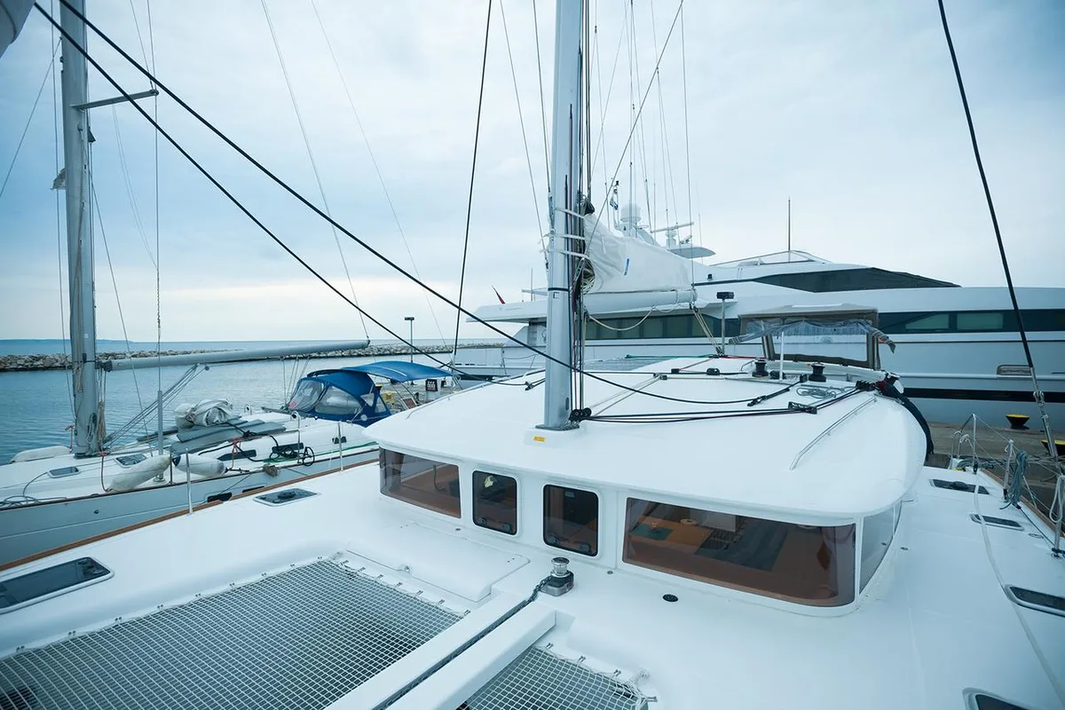 Deck of Lady Dom, a Lagoon 400 S2 catamaran at Sithonia Municipal Unit, Greece