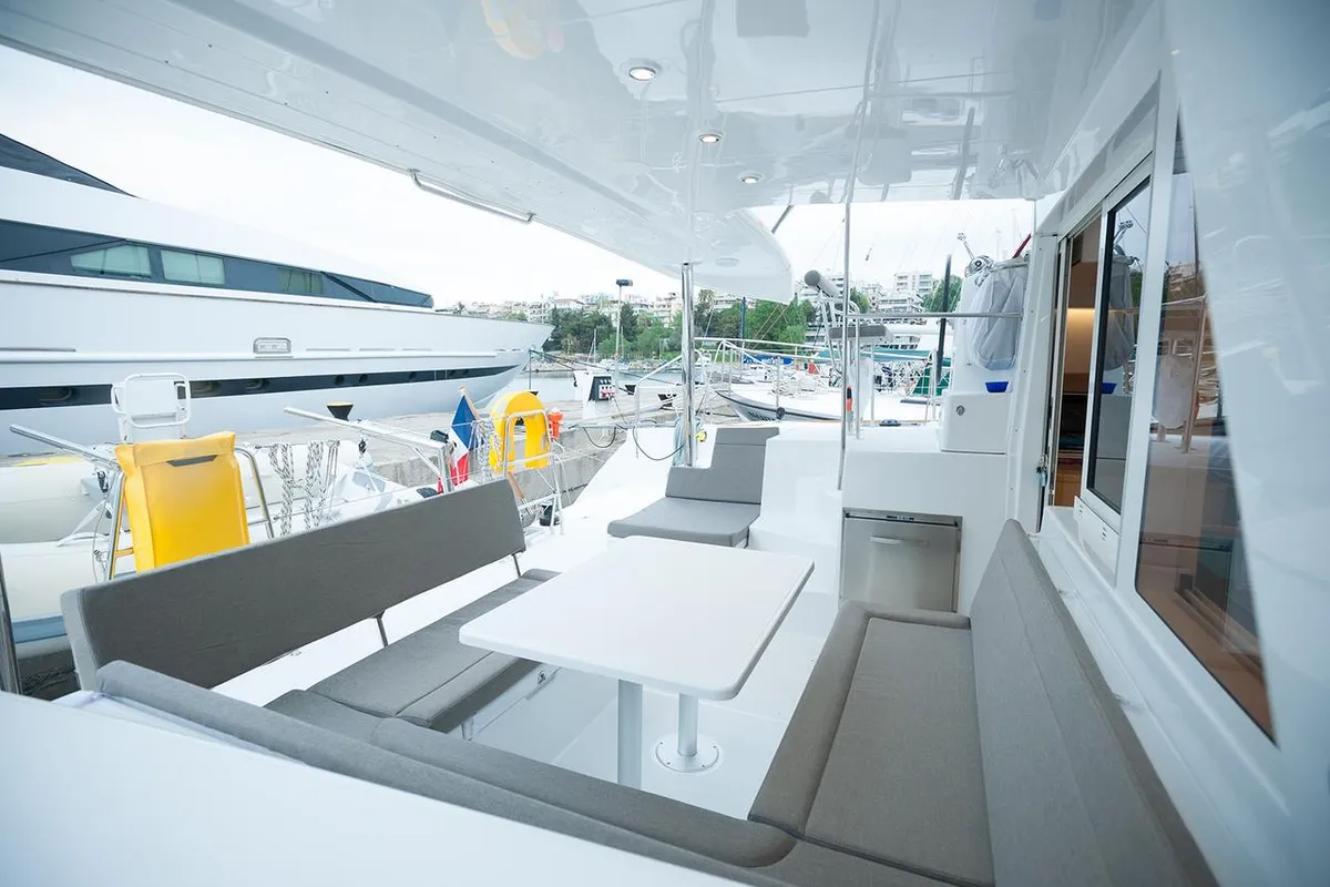 Deck of Lady Dom, a Lagoon 400 S2 catamaran at Sithonia Municipal Unit, Greece