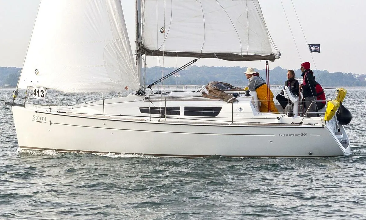 Exterior view of Storm, a Jeanneau Sun Odyssey 30i sailboat at Heiligenhafen, Germany